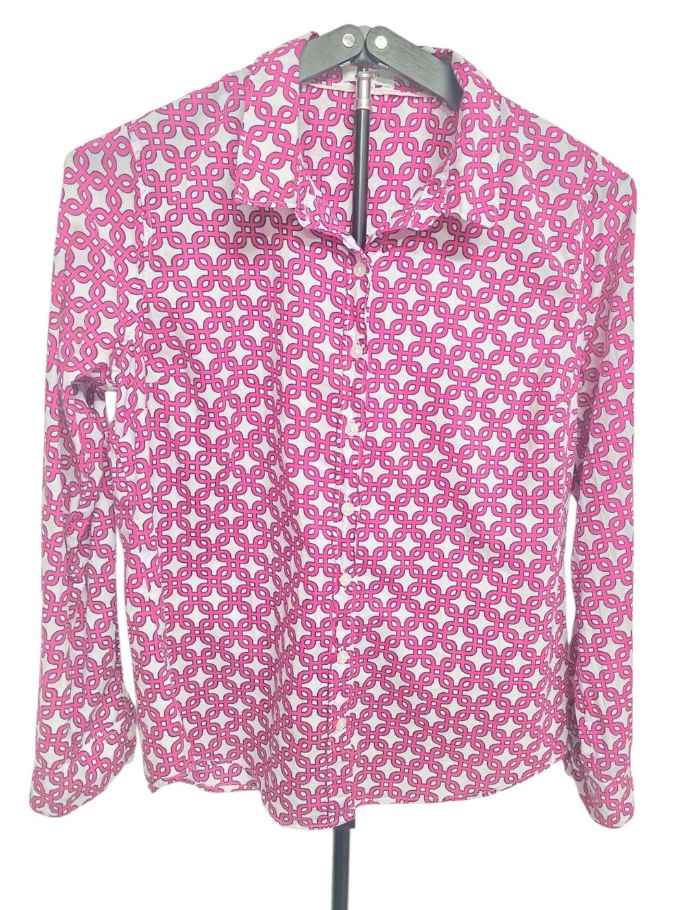 Crown & Ivy Fuchsia Pink White Trellis Button Front Top M Preppy